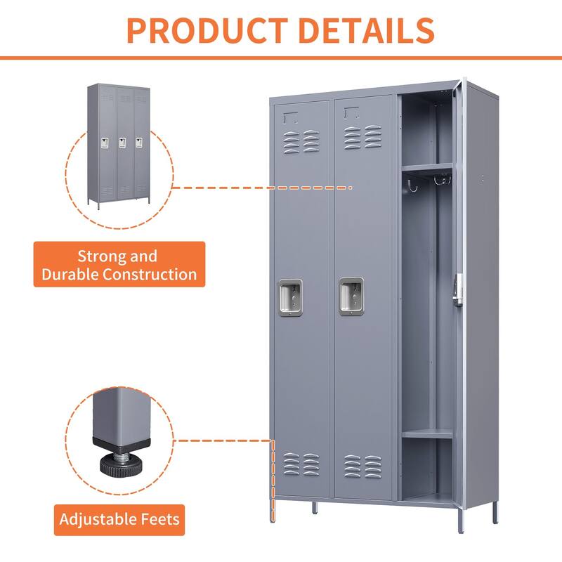 3-Door 72 Inch Metal Storage Locker with Lock