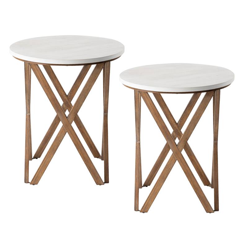COZAYH Pedestal Farmhouse End Table Set of 2, Distressed White Top with Base for Modern Farmhouse, Boho Decor, Round - Four-Legs