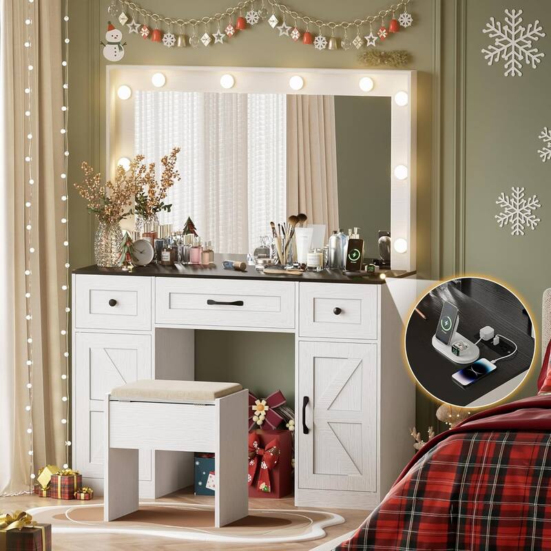 43.3'' Wide Makeup Vanity Dressing Table with Adjustable Lighted Mirror and Stool, Power Outlet