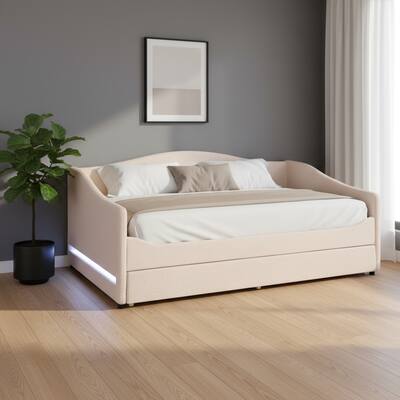 HomeRoots Beige Tufted Boucle Twin Day Bed With LED Lighting And Trundle And USB