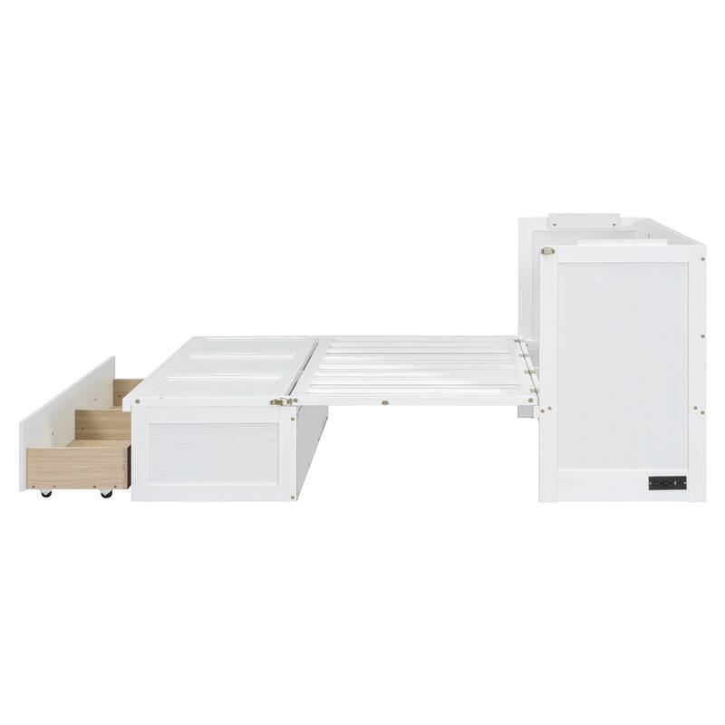 Wood Murphy Chest Bed Frame with Drawer and Charging Station, Space Saving Hidden Folding Cabinet Bed