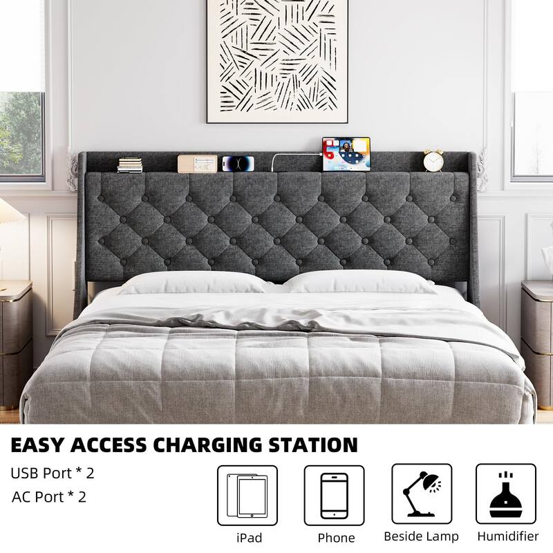 Upholstered Bed Frame with Wingback Headboard
