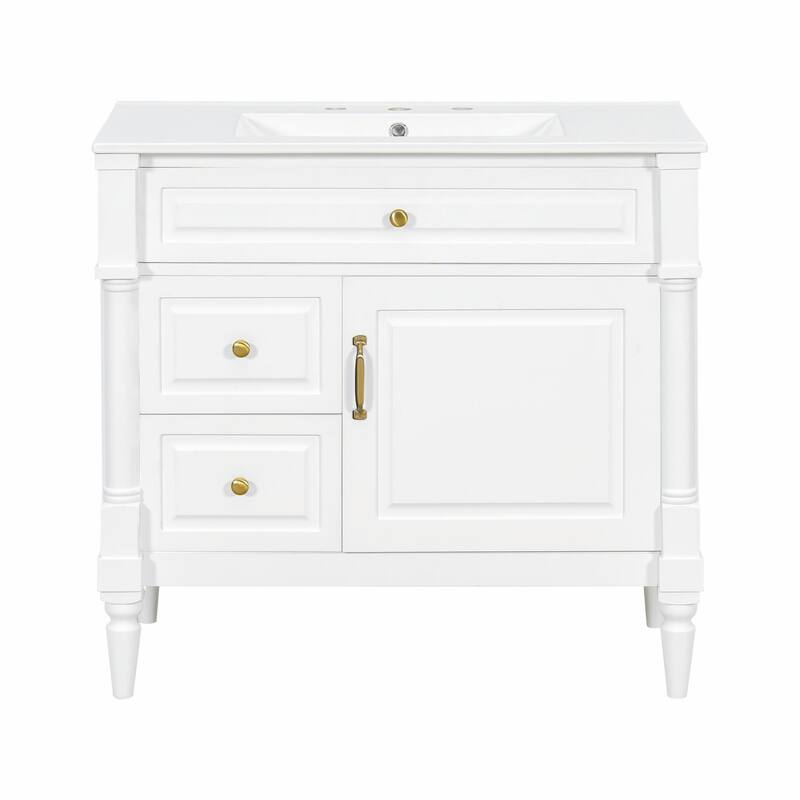 36" Bathroom Vanity with Sink, Freestanding Bathroom Cabinet with Ceramic Basin, Flip Drawer