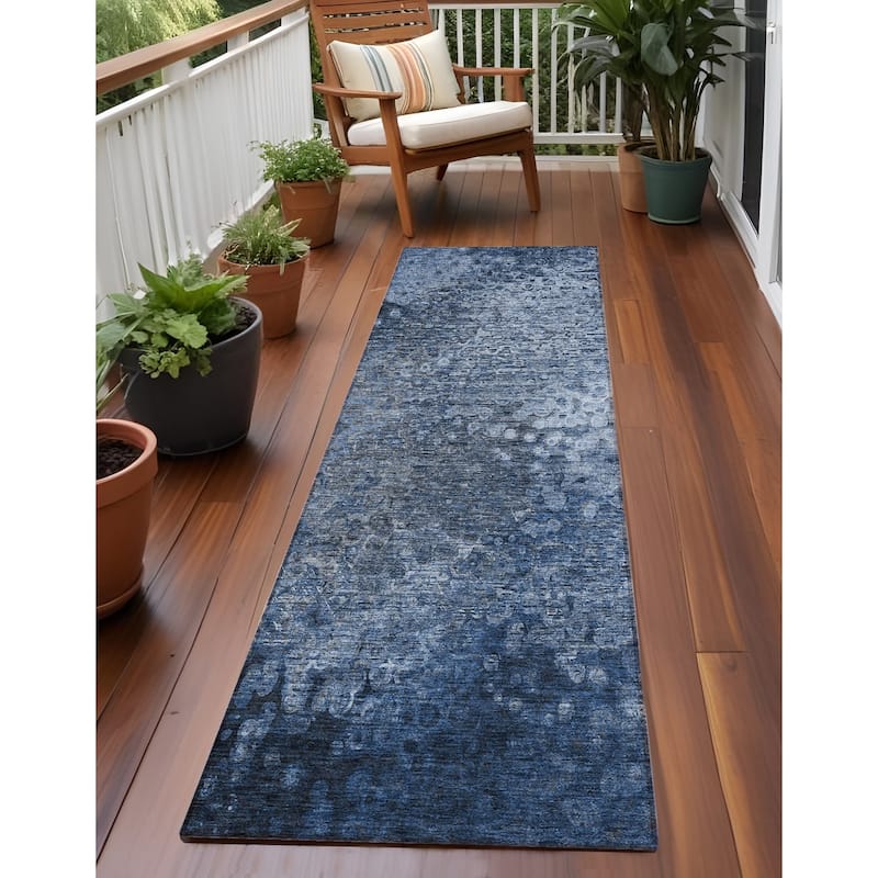 Jalo Timeless Solid Weather Resistant Blended Style Outdoor Rug - 8' Runner - Blue
