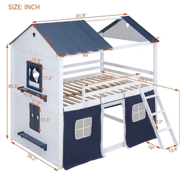 dimension image slide 3 of 4, Roomfitters Twin-Size Bunk Wood House Bed with Elegant Windows, Sills, Tent, Sturdy Wooden Frame, Charming and Functional Design