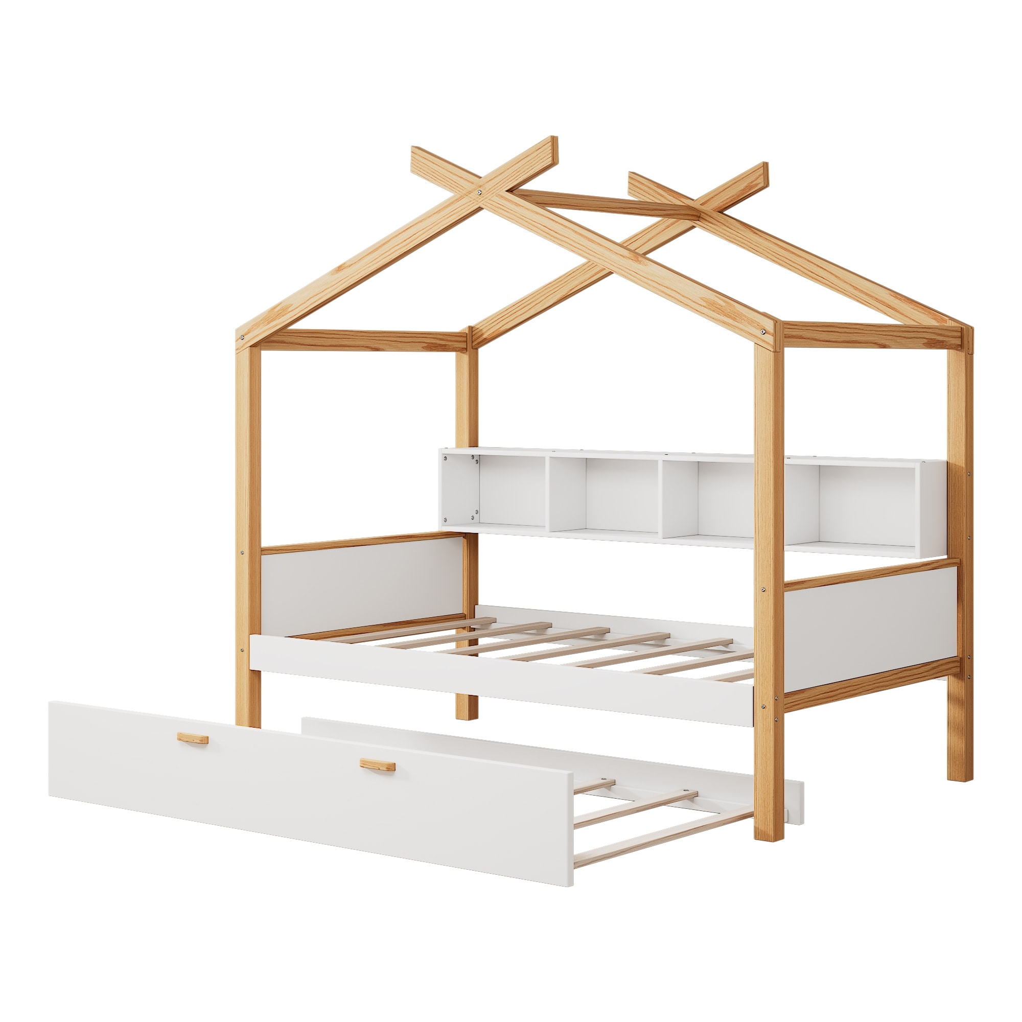 Kids Wooden House Bed with Bookshelf & Trundle