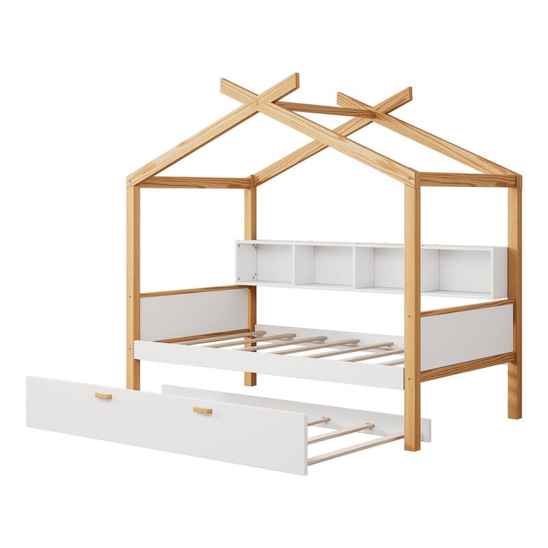 Wooden House Bed with Twin Size Trundle and Bookshelf Storage