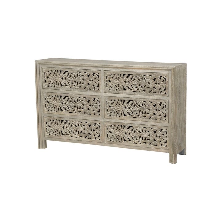 HomeRoots 57" Gray Carved Scrollwork Solid Wood Six Drawer Dresser