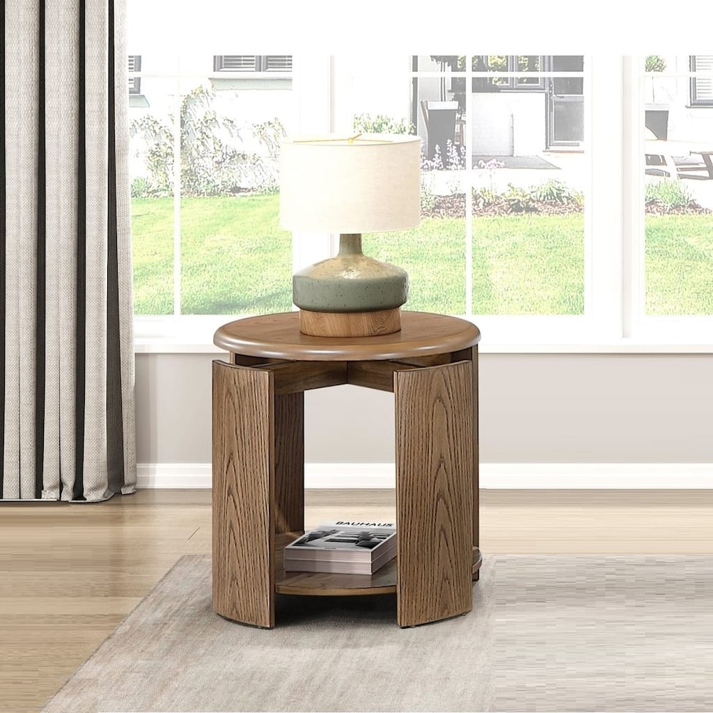 Brown Finish Round End Table with Open Shelf Living Room Furniture 1pc Side Table