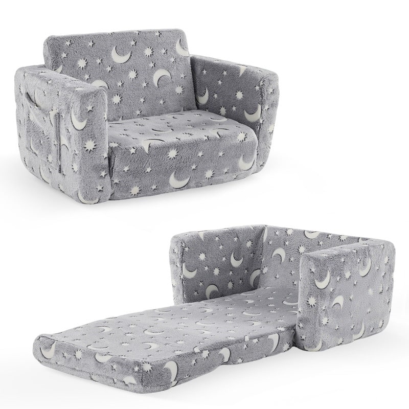1-Piece Full Sponge Kids Single Folding Sofa Bed With Luminous Feature - Grey