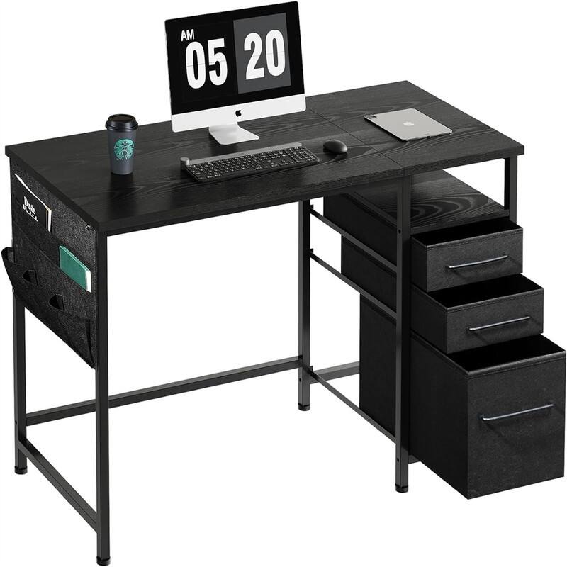 Desk with Drawers and Shelves - Black