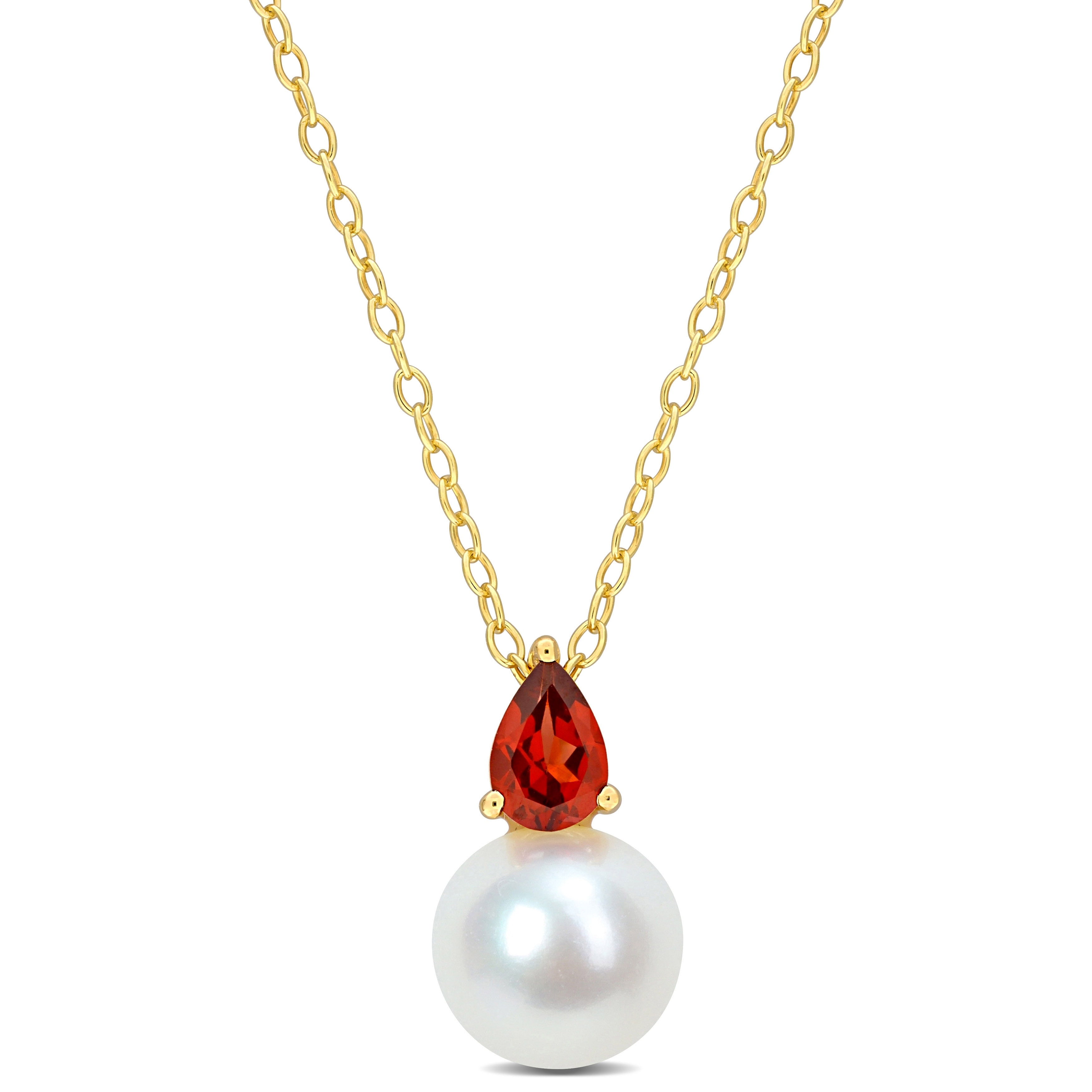 Miadora 1/2ct TGW Garnet and 8.5-9mm Freshwater Cultured Pearl Pendant with Chain Yellow Silver - 15.5 mm x 8.7 mm