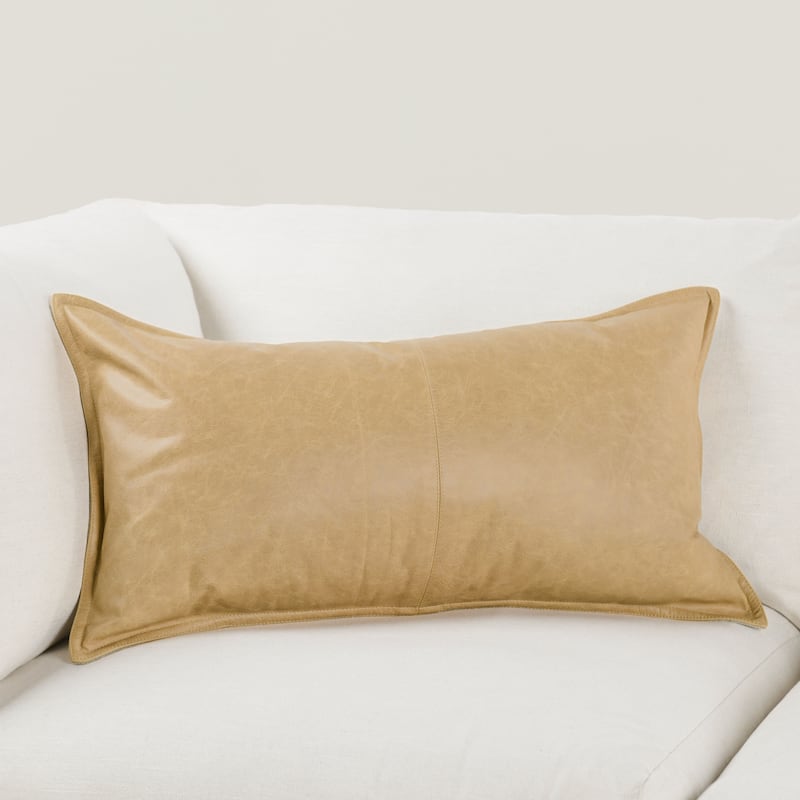 Villa by Classic Home Golden Genuine Leather Throw Pillow - Feather Down - 22x22 - Accent - Wheat