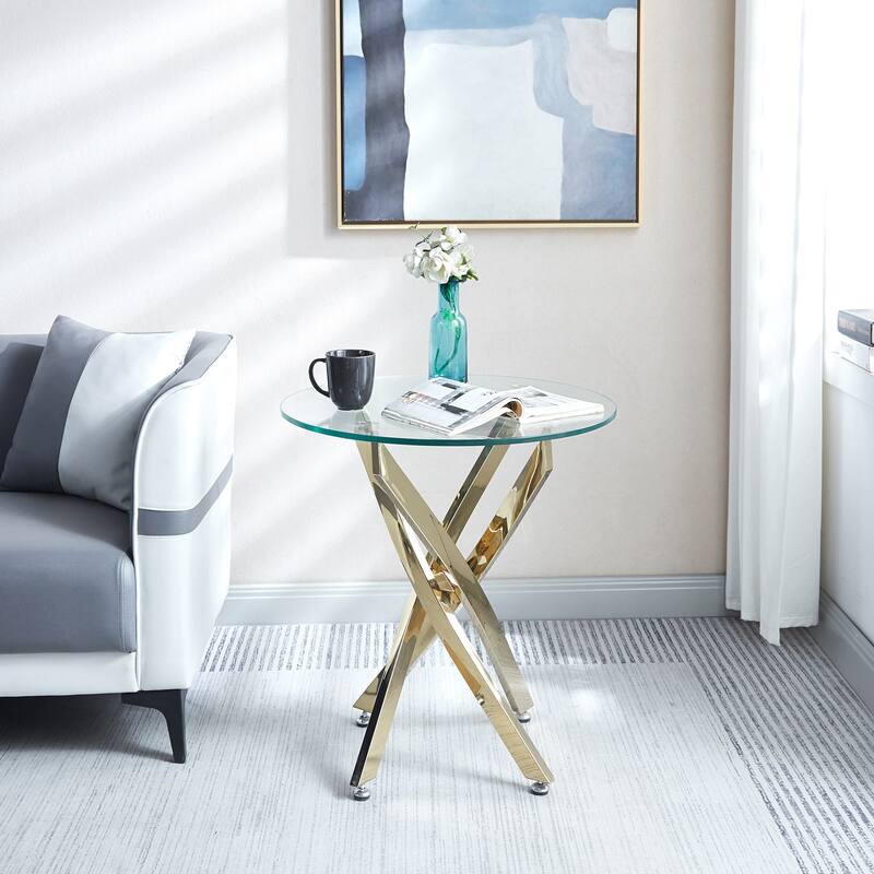 23.60" Modern Glass End Table, Round End Table With Tempered Glass Tabletop And Chrome Legs For Living Room - Gold