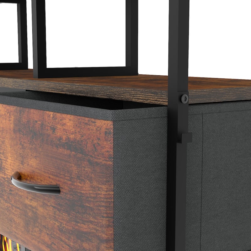 BOSSIN Fireplace TV Stand & Entertainment Center with LED Lights, 4 PU Leather Drawers, Open Shelves, and Built-in Power Outlets