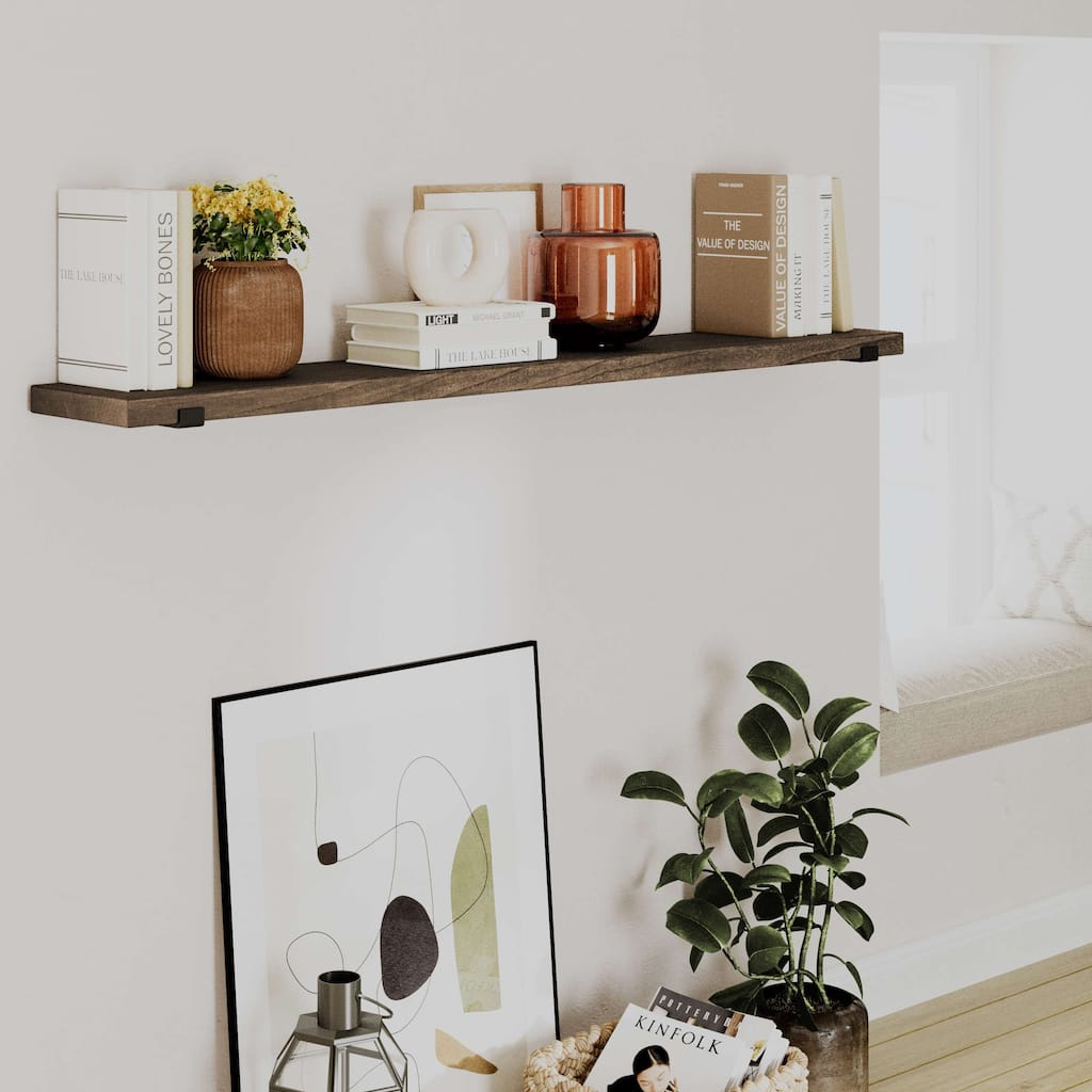 Wallniture Forte Wood Board 60" Long, 9.25'' Deep, 1.5" Thick, Floating Bookshelf for Wall with Metal Brackets, Farmhouse, 1pc