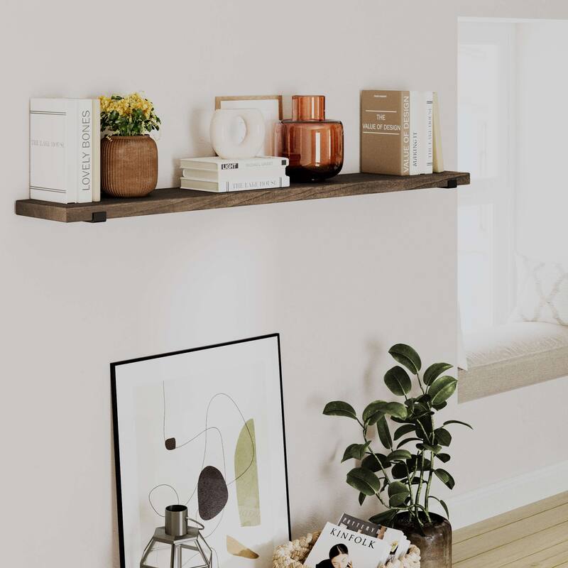 Wallniture Forte Wood Board 60" Long, 9.25'' Deep, 1.5" Thick, Floating Bookshelf for Wall with Metal Brackets, Farmhouse, 1pc