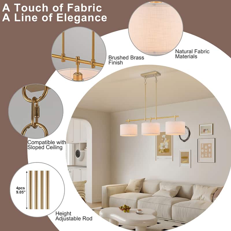 Starsky 3-Light Modern Linear Drum Fabric Kitchen Island Lights