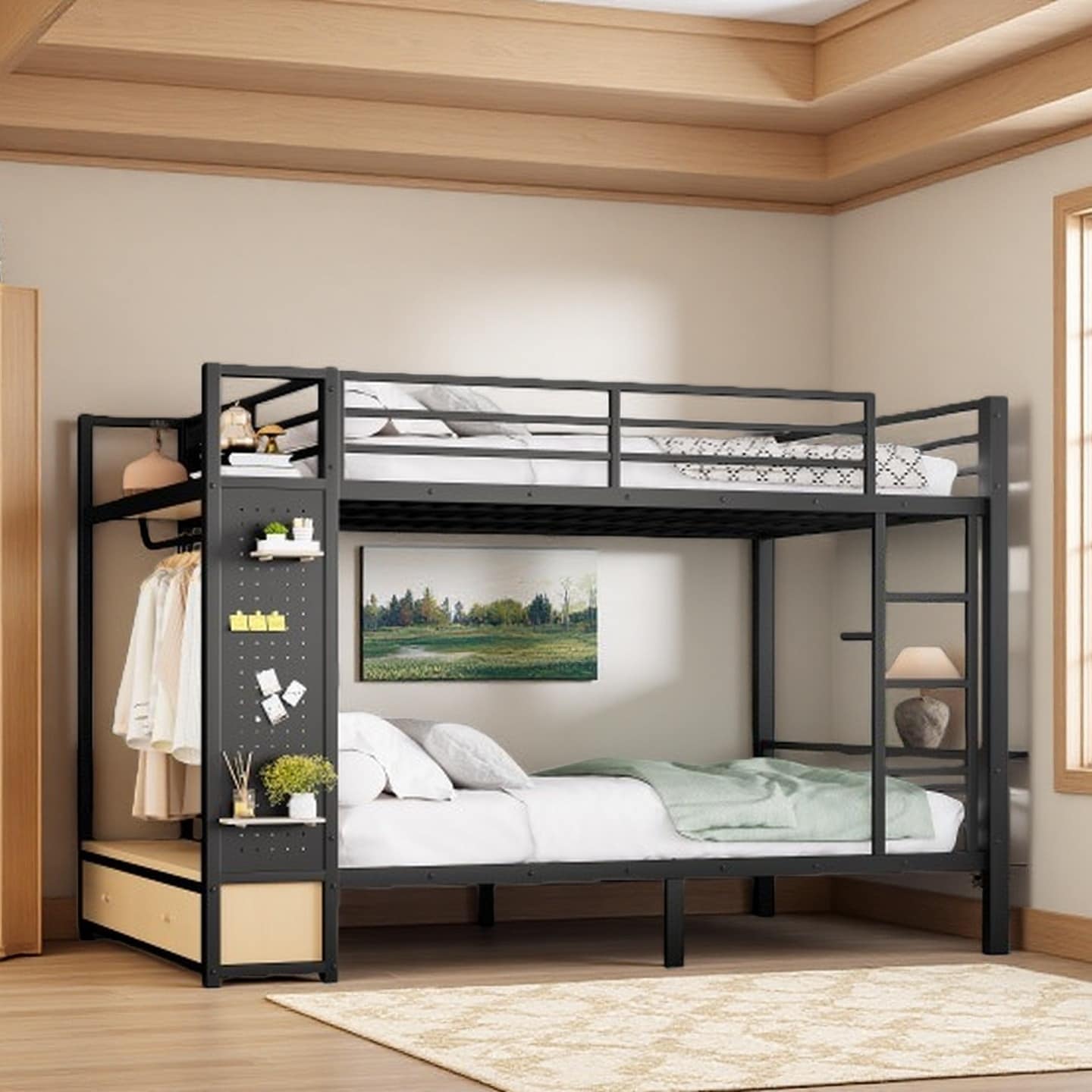 Queen over Queen Metal Bunk Bed with Drawers, Shelves & Pegboard, Space-Saving Multifunctional Loft Bed for Teens and Adults