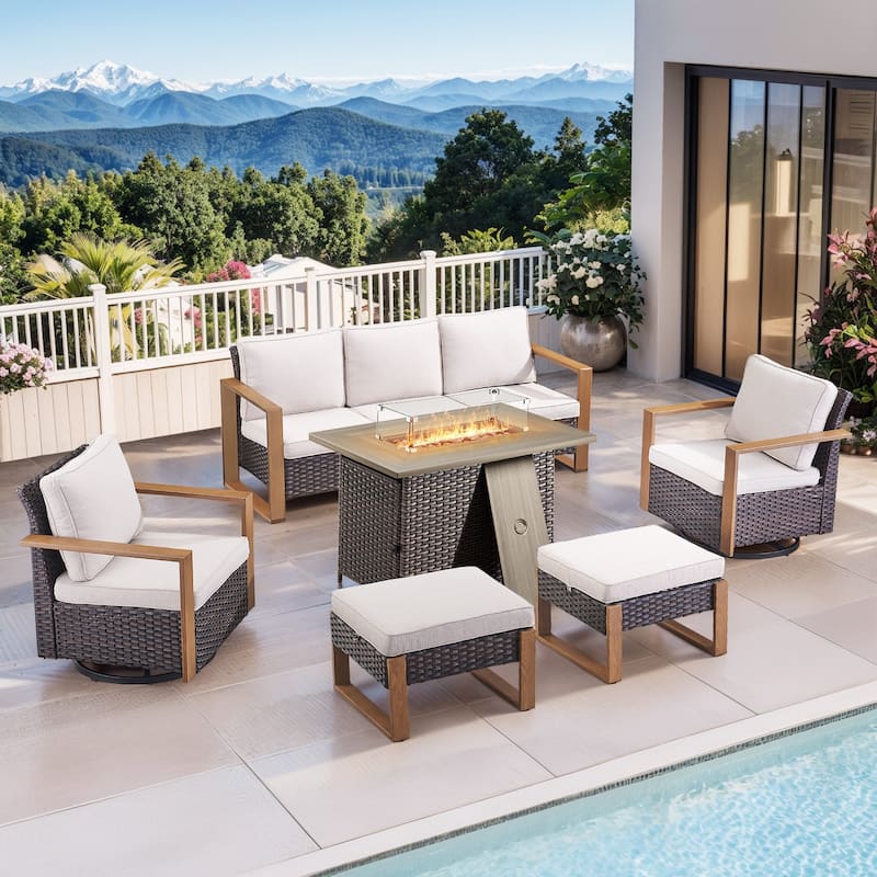 Pocassy 6 Pieces Outdoor Sofa Swivel Chair Ottoman with Fire Pit Table Set - Beige cushion - Brown Wicker