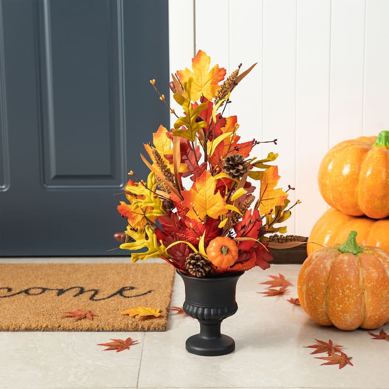 Glitzhome 24"H Fall Maple Leaf Pumpkin Urn Table Tree Thanksgiving