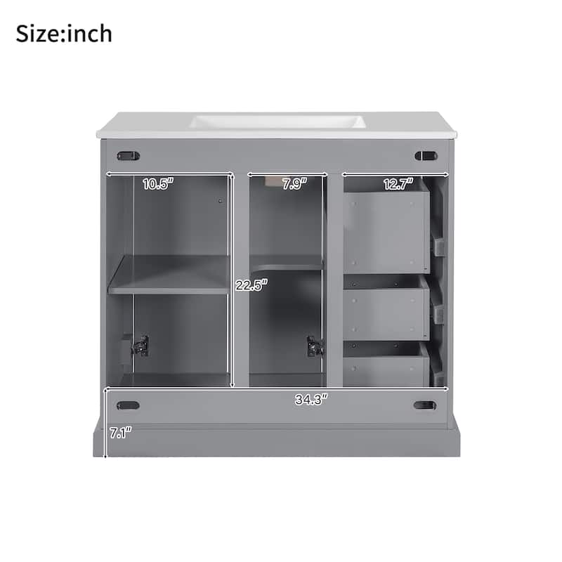 36" Modern Bathroom Vanity with Ceramic Sink, Soft-Close Door, Adjustable Shelf & 3 Drawers, Ample Storage.