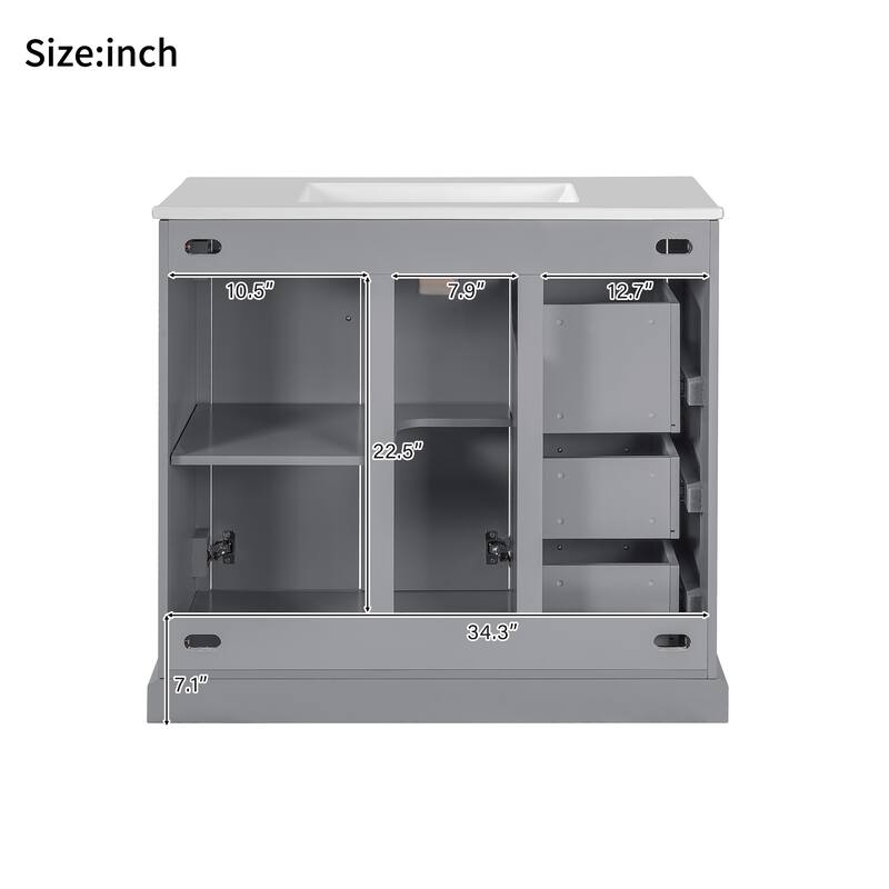 36" Modern Bathroom Vanity with Ceramic Sink, Soft-Close Door, Adjustable Shelf & 3 Drawers, Ample Storage