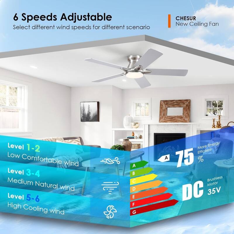 52 Inch Ceiling Fan with Light and Remote,Flush Mount Ceiling Fan,5 Dual Side Blades - 52 Inches