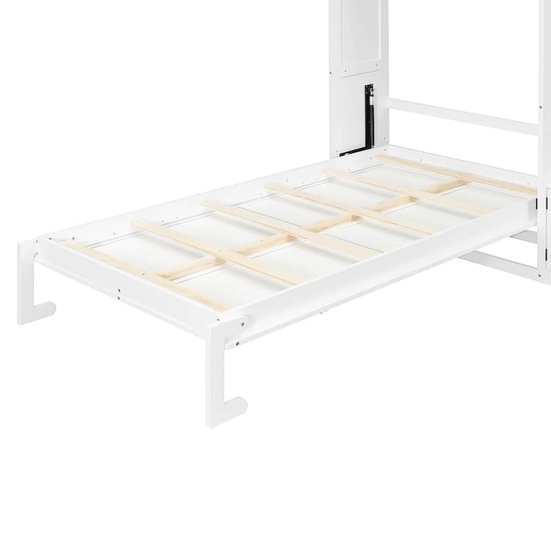 Versatile Twin Size Murphy Bed Folding Storage Bedframe with Built-in TV Stand, 2 Deep Drawers, Multiple Shelves and Cabinets
