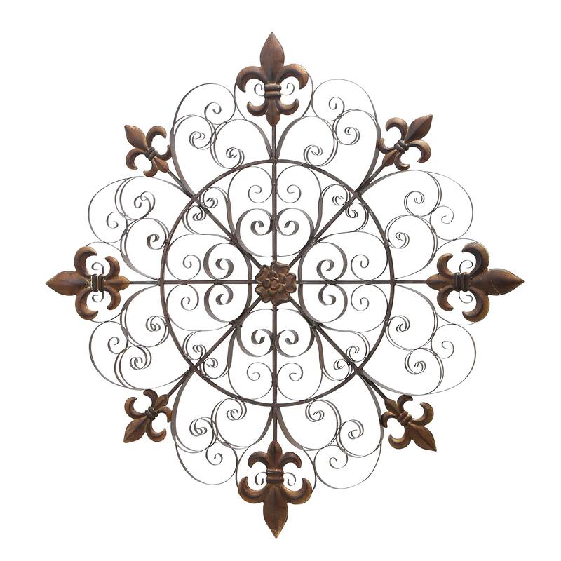 Brown Metal Medallion Fleur De Lis Home Wall Decor with Detailed Scrollwork
