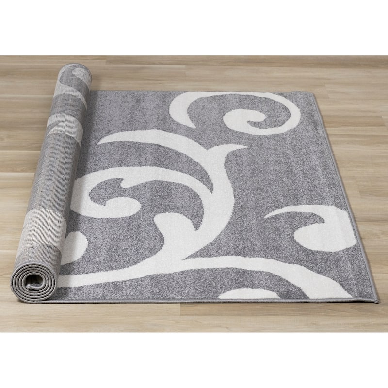 Covington Collection - Grey/Cream Damask Swirl Rug
