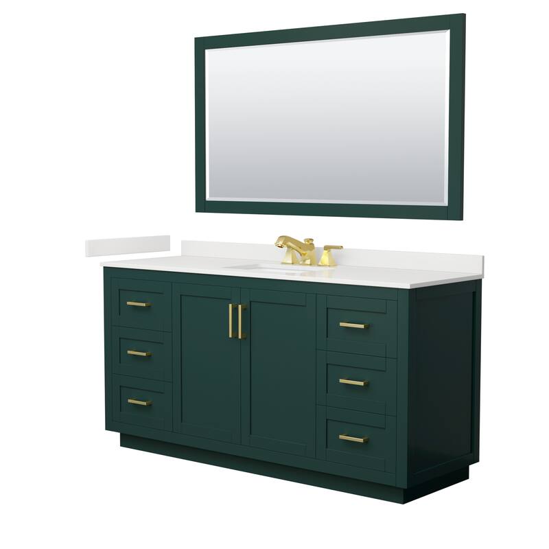 Miranda 66-inch Single Vanity, Quartz Top, 58-inch Mirror - Green, Gold Trim, White Quartz Top