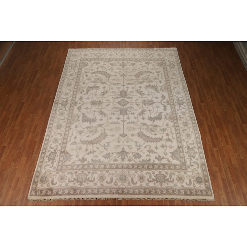 All-Over Ivory Floral Oushak Indian Area Rug Handmade Wool Carpet - 8'4" x 11'10"