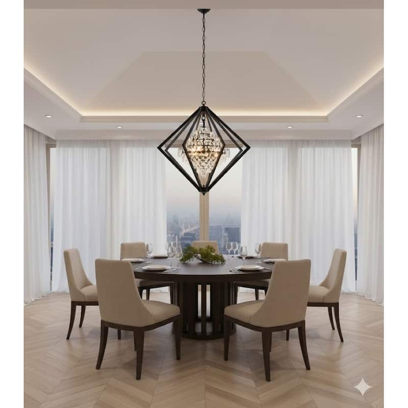 4-Light Black Diamond Cage Chandelier With Clear Hanging Crystals