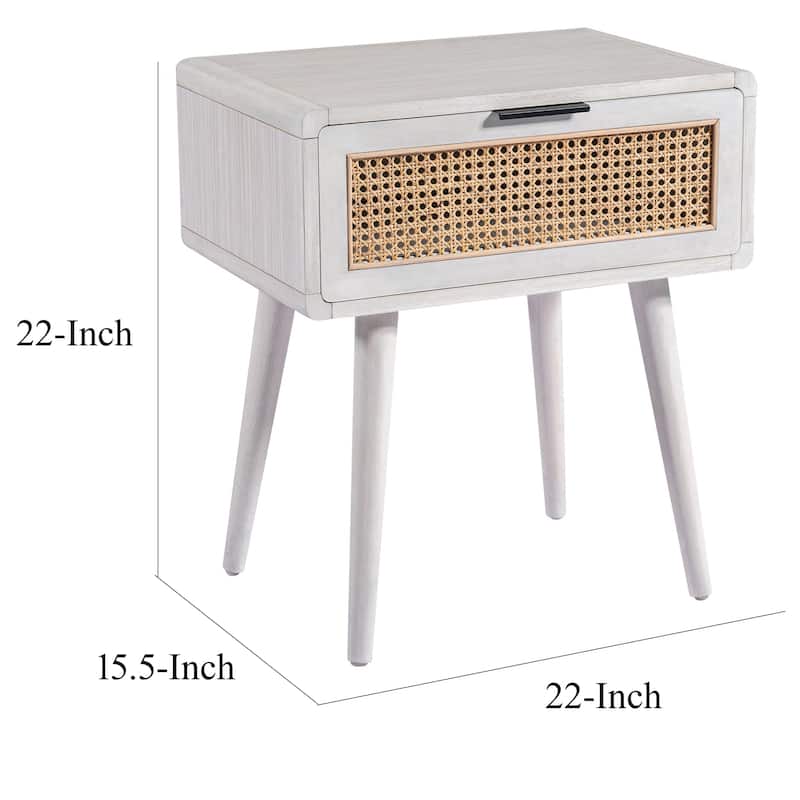 Camy Side End Table, Natural Brown Cane Woven Drawer, White 22 Inch