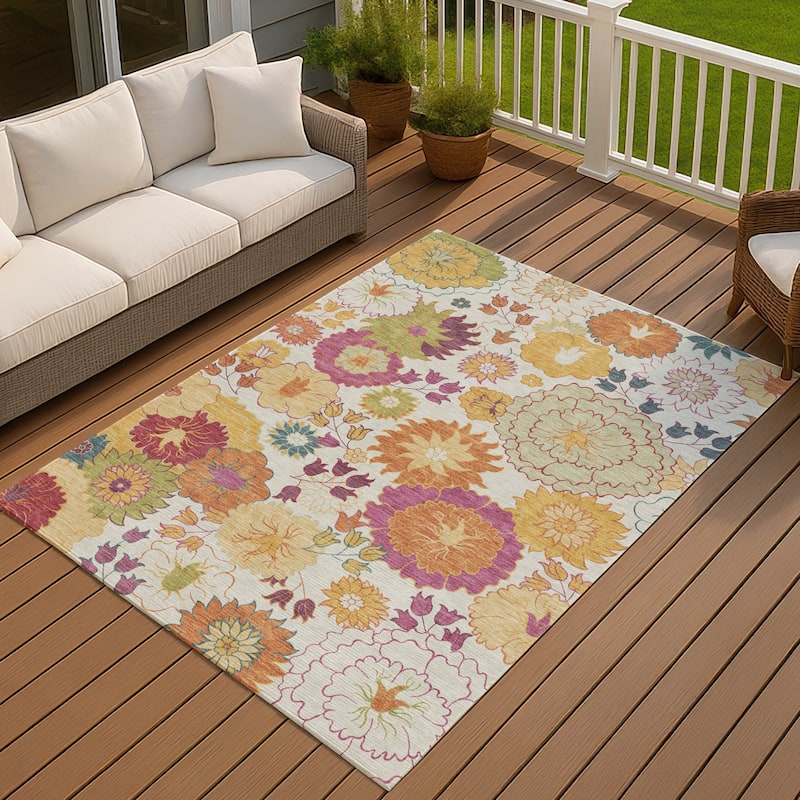 Machine Washable Indoor/ Outdoor Modern Floral Chantille Rug - Ivory - 9' x 12'