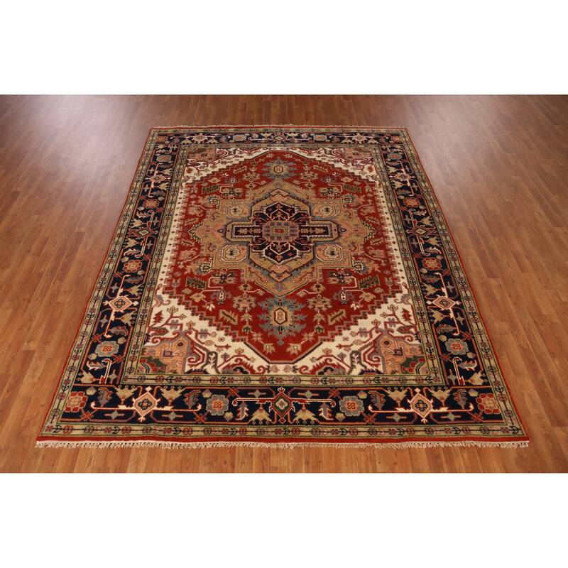 Medallion Heriz Serapi Indian Rug Hand-Knotted Oriental Wool Carpet - 7'11" x 9'9"