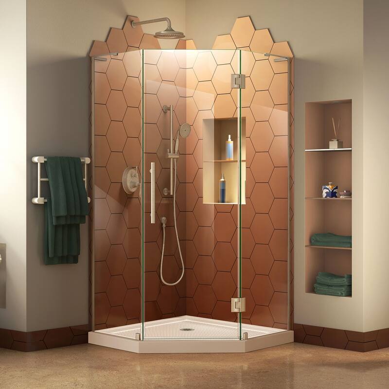 DreamLine Prism Plus 36 in. x 36 in. x 74 3/4 in. Hinged Shower Enclosure and Shower Base Kit - 36" x 36" - Biscuit Base Nickel Finish