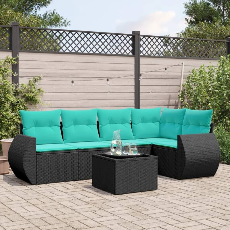 vidaXL 5 Piece Patio Sofa Set with Cushions Black Poly Rattan - 28 x 24.4 x 27.2-With table