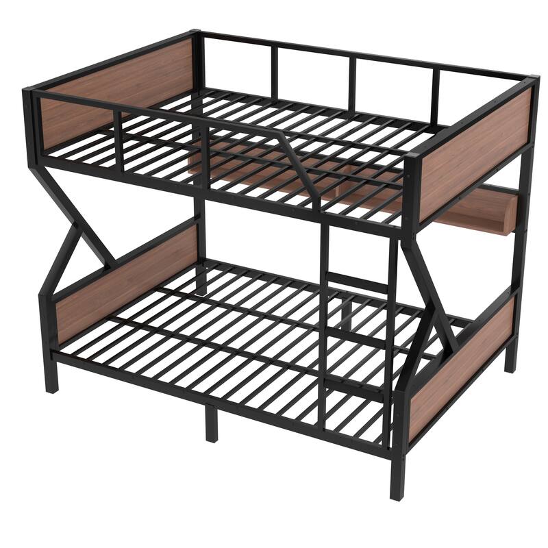 Metal Bedframe Queen Over Queen Bunk Bed with Storage Shelves and LED Light Strip, Space-saving & Noise-free Design