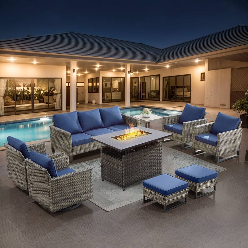 Gymojoy Outdoor Fire Pit Conversation Set, Patio Furniture with Cushions - 9 PCS - Grey Wicker / Blue Cusion