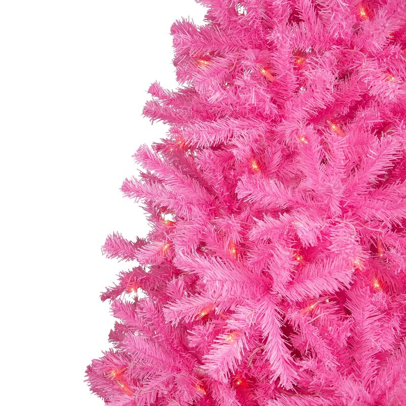 Pre-Lit Medium Artificial Pine Christmas Tree - 7' - Pink - Clear Lights - 7 Foot