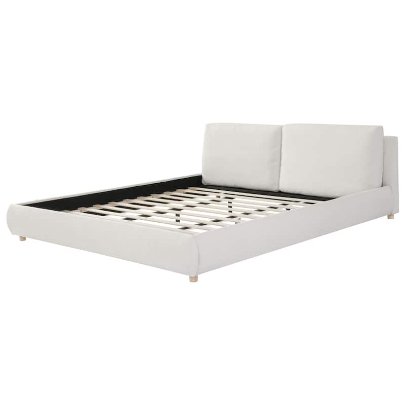 White Low-Profile Platform Bed Boucle Fabric Upholstered Frame with Wood Slat Metal Legs Support, 2 Removable Pillows Headboard