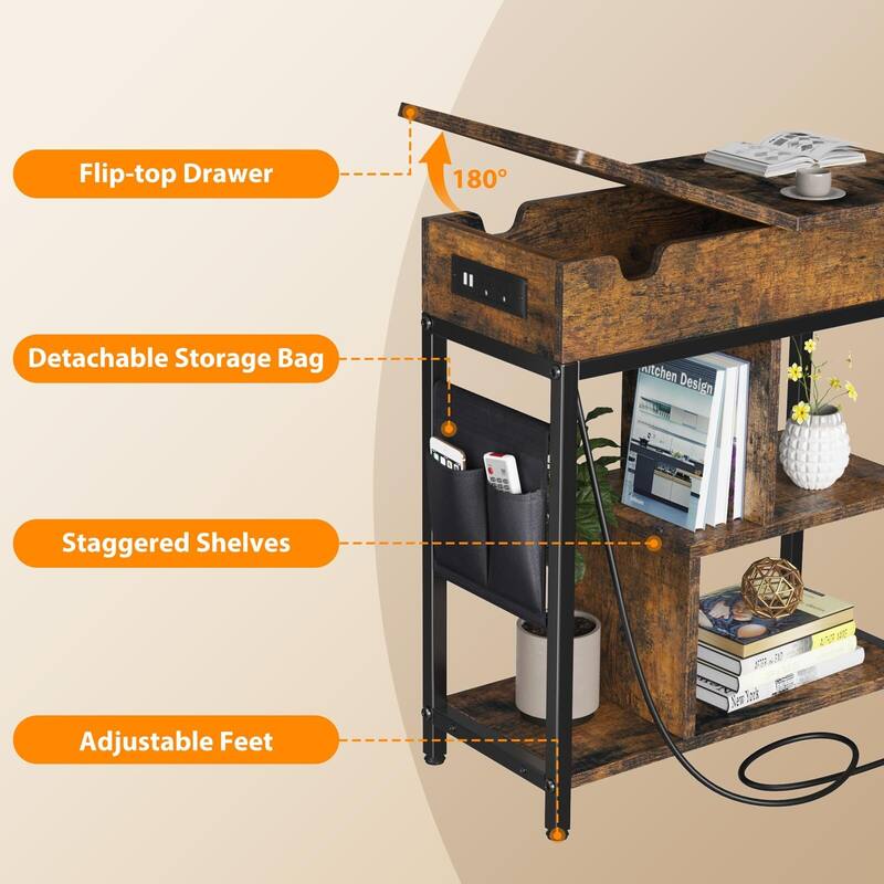 End Table with Charging Station, Flip Top Nightstand with USB Ports and Outlets