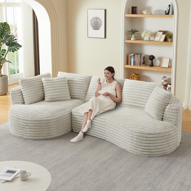 Compressible Corduroy Curved Sectional Sofa with Chaise and Pillows