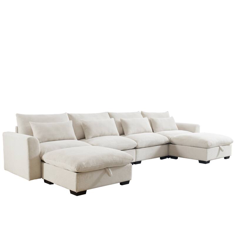 Corduroy Reversible Modular Sectional Sofa with 2 Storage Ottomans and 4 Waist Pillows