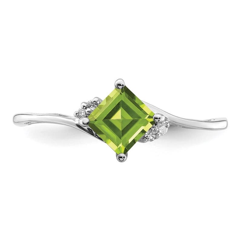 Curata 925 Sterling Silver Polished Open back Rhodium Plated Diamond and Peridot Square Ring