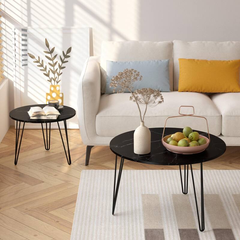 Round Nesting Table Black End Table Sofa Side Table Set of 2