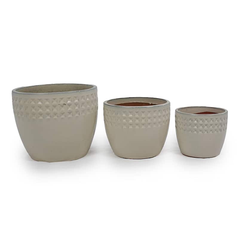 Set of 3 Ceramic Flowerpot, Modern Planter for Patio, Garden, Windowsill - Ancient White