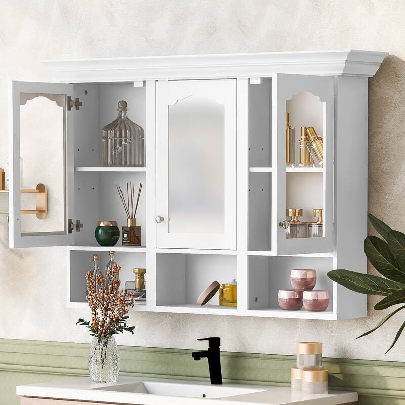 Wall Mounted Bathroom Mirror Cabinet Storage Medicine Cabinet with 3 Open Compartments, Adjustable Shelves and Glass Doors